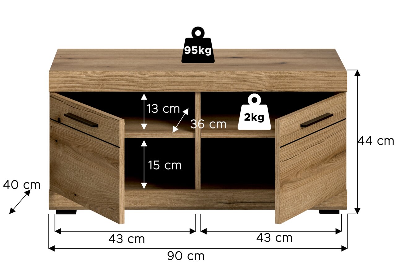 Sitzbank aus Holz mit zwei offenen Türen, zwei Fächern und Maßen: 90 cm Breite, 44 cm Höhe, 40 cm Tiefe. Belastbarkeit: 95 kg oben, 2 kg pro Fach. Frontale Perspektive.