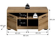 Sitzbank aus Holz mit zwei offenen Türen, zwei Fächern und Maßen: 90 cm Breite, 44 cm Höhe, 40 cm Tiefe. Belastbarkeit: 95 kg oben, 2 kg pro Fach. Frontale Perspektive.
