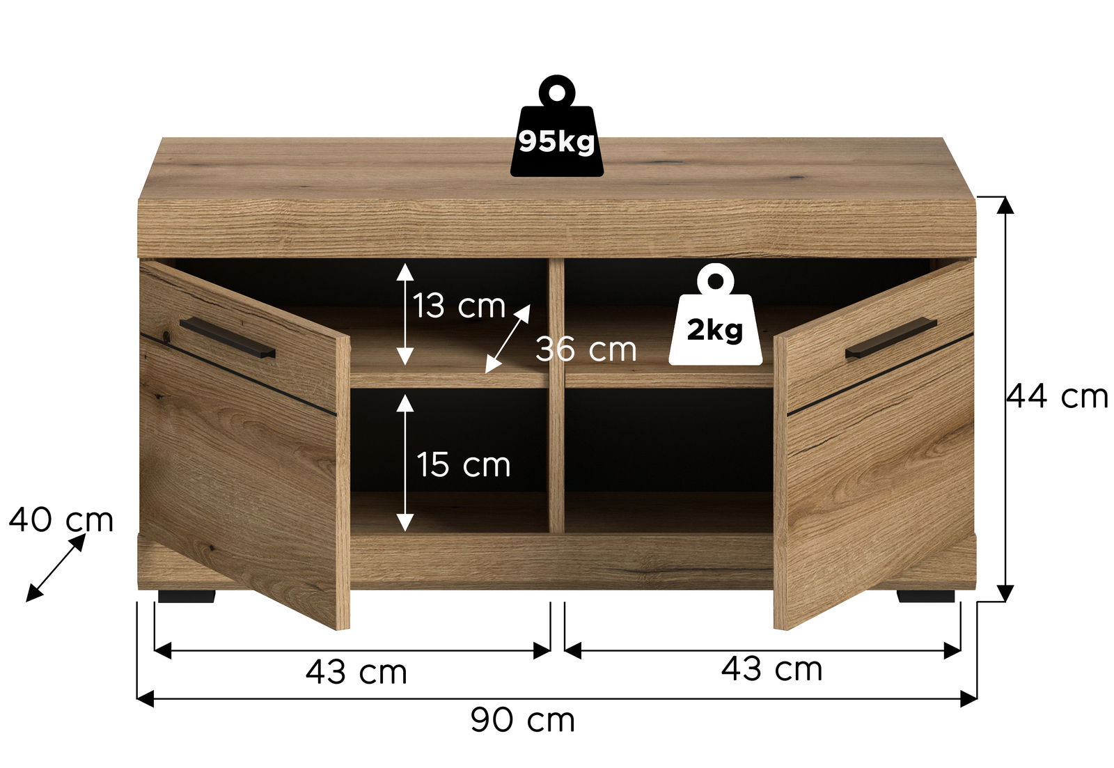 Sitzbank aus Holz mit zwei offenen Türen, zwei Fächern und Maßen: 90 cm Breite, 44 cm Höhe, 40 cm Tiefe. Belastbarkeit: 95 kg oben, 2 kg pro Fach. Frontale Perspektive.