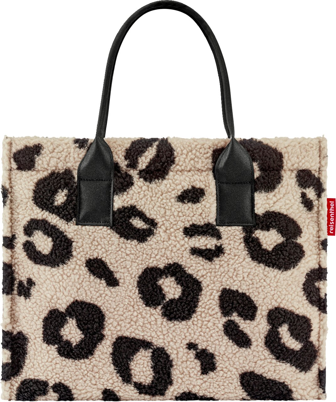 Beige Shopper-Tasche aus Teddyfleece mit schwarzem Leopardenmuster und zwei schwarzen Tragehenkeln, frontal von vorn auf weißem Hintergrund