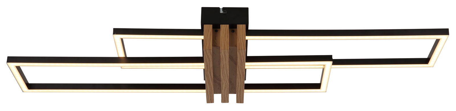 Moderne Deckenleuchte mit rechteckigen LED-Rahmen, Holz- und Metallelementen, seitliche Perspektive