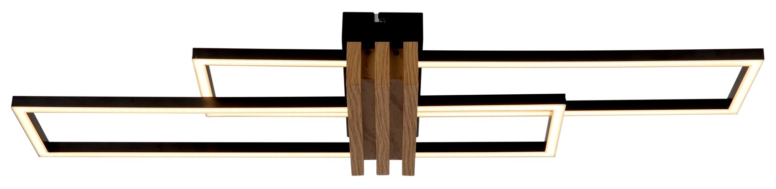 Moderne Deckenleuchte mit rechteckigen LED-Rahmen, Holz- und Metallelementen, seitliche Perspektive