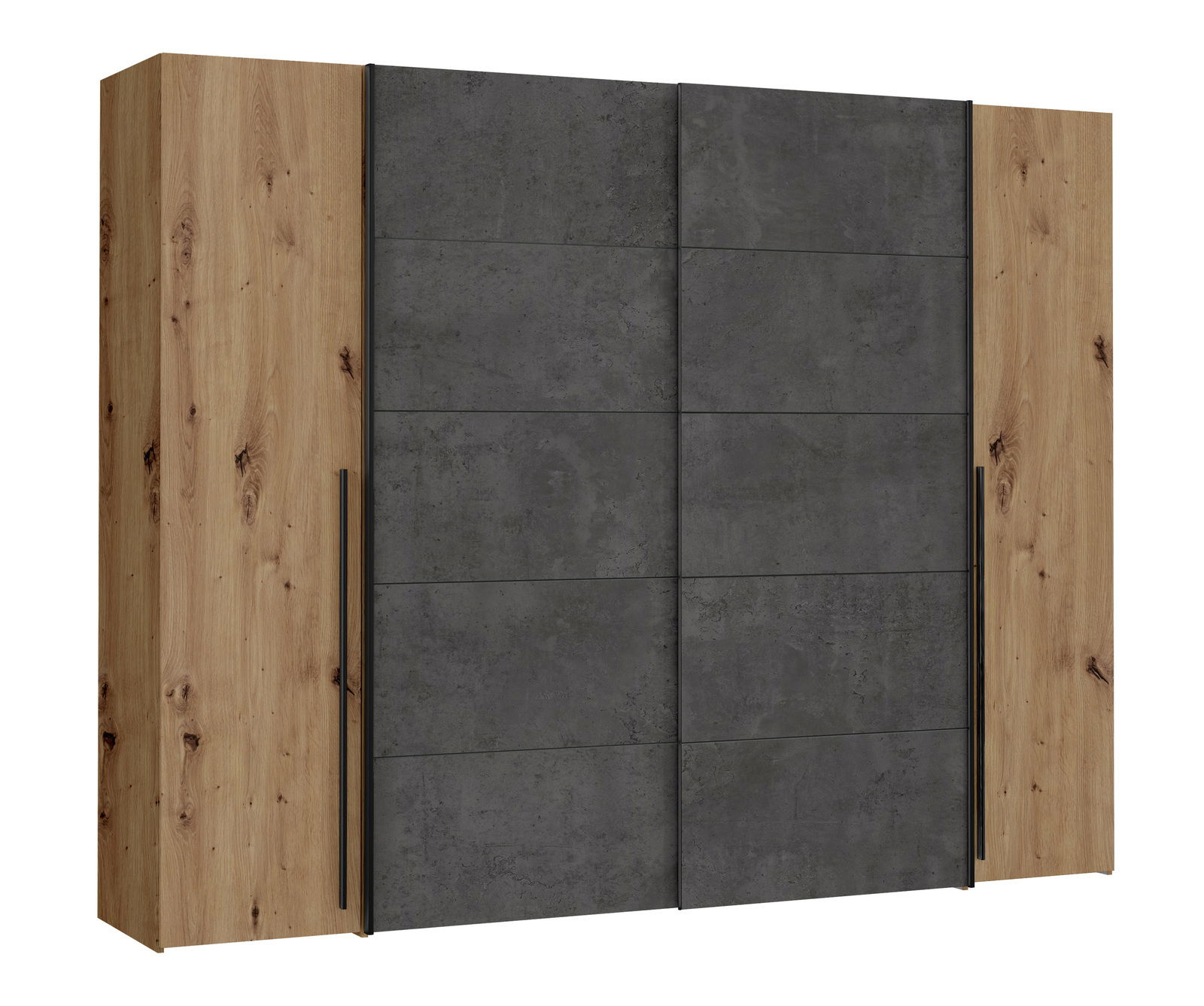 Moderner Dreh- und Schwebetürenschrank NARAGO in Holzoptik mit grauen Schiebetüren, Frontalansicht.