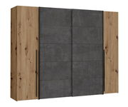 Moderner Dreh- und Schwebetürenschrank NARAGO in Holzoptik mit grauen Schiebetüren, Frontalansicht.