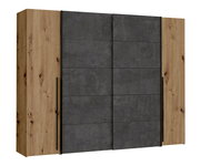 Moderner Dreh- und Schwebetürenschrank NARAGO in Holzoptik mit grauen Schiebetüren, Frontalansicht.