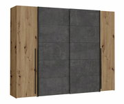 Moderner Dreh- und Schwebetürenschrank NARAGO in Holzoptik mit grauen Schiebetüren, Frontalansicht.