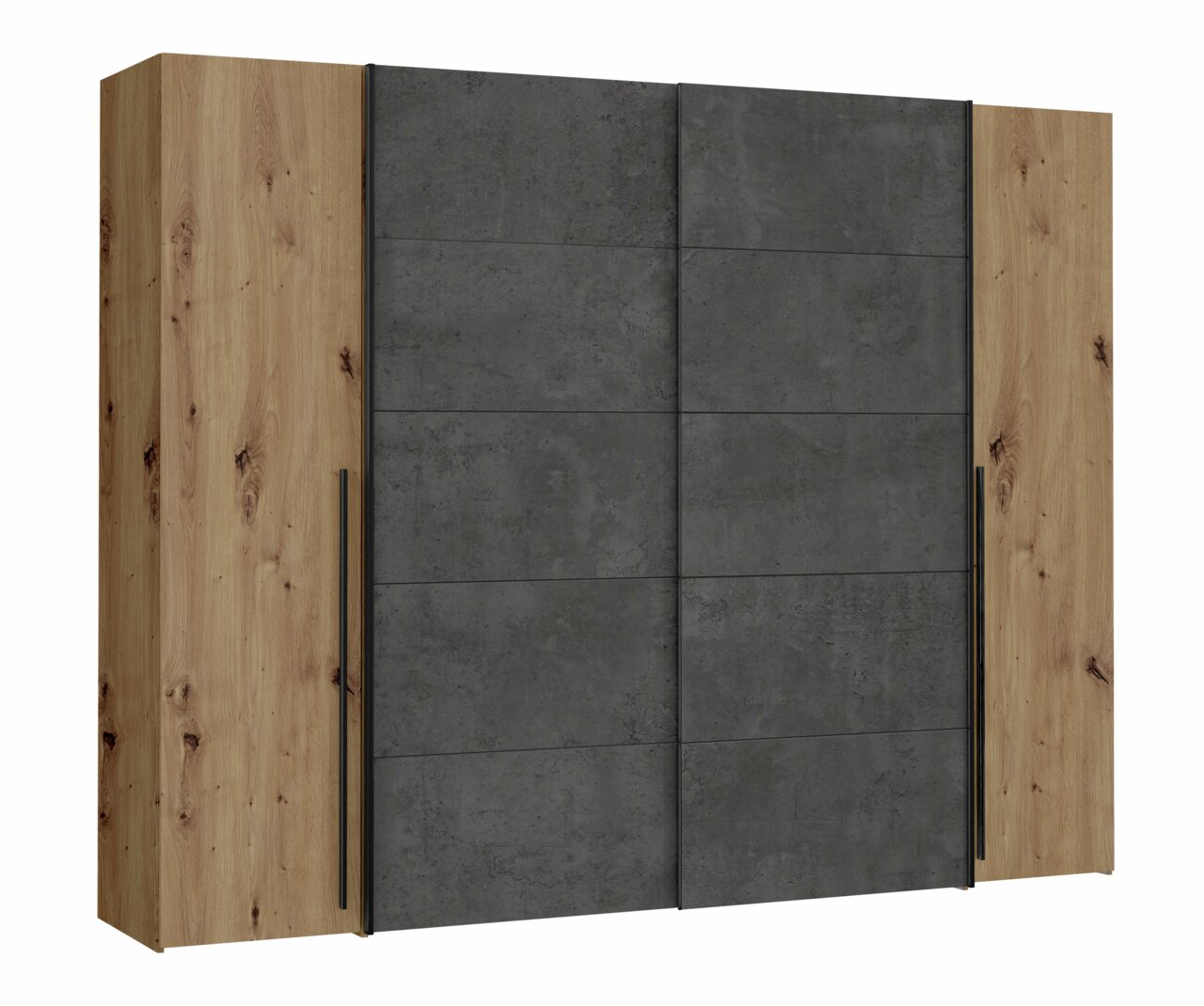 Moderner Dreh- und Schwebetürenschrank NARAGO in Holzoptik mit grauen Schiebetüren, Frontalansicht.