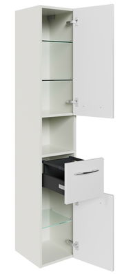 Hochschrank mit mehreren Fächern und Schublade, Türen geöffnet, seitliche Perspektive