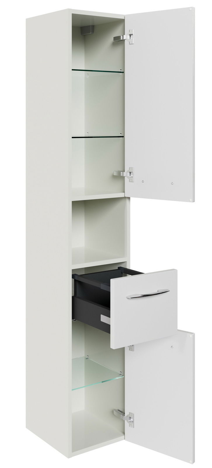 Hochschrank mit mehreren Fächern und Schublade, Türen geöffnet, seitliche Perspektive