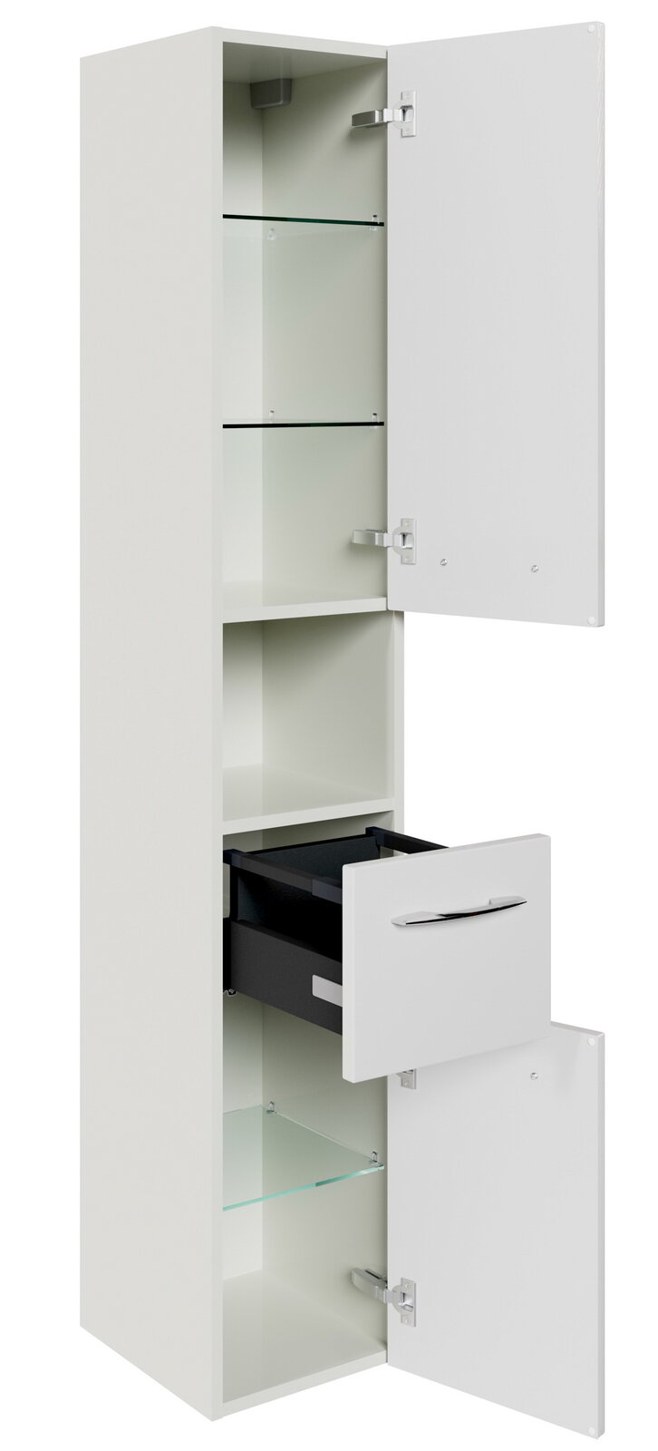 Hochschrank mit mehreren Fächern und Schublade, Türen geöffnet, seitliche Perspektive