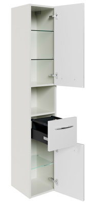 Hochschrank mit mehreren Fächern und Schublade, Türen geöffnet, seitliche Perspektive