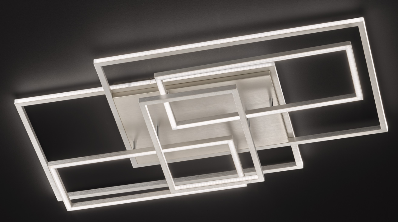 Moderne LED-Deckenleuchte mit geometrischem Design, seitliche Perspektive