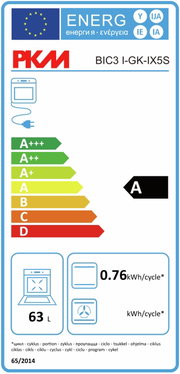 Energieeffizienzlabel für ein Elektrogerät mit der Klasse A, einem Energieverbrauch von 0,76 kWh pro Zyklus und einem Fassungsvermögen von 63 Litern. Frontalansicht.