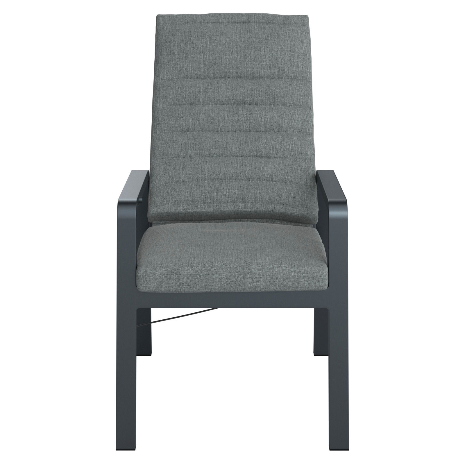 Gartenrelaxsessel in grauer Farbe, frontal betrachtet, mit gepolstertem Sitz und Rückenlehne.