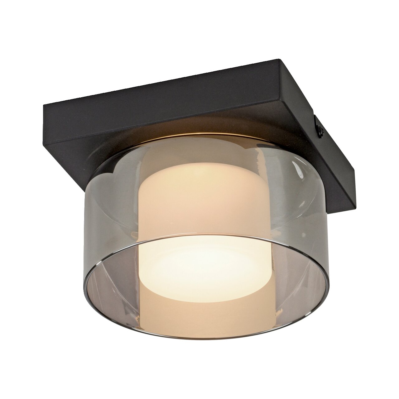 Moderne Deckenleuchte RIKA mit schwarzem quadratischem Sockel und zylindrischem Glasdiffusor, Perspektive von unten.