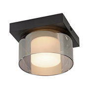 Moderne Deckenleuchte RIKA mit schwarzem quadratischem Sockel und zylindrischem Glasdiffusor, Perspektive von unten.
