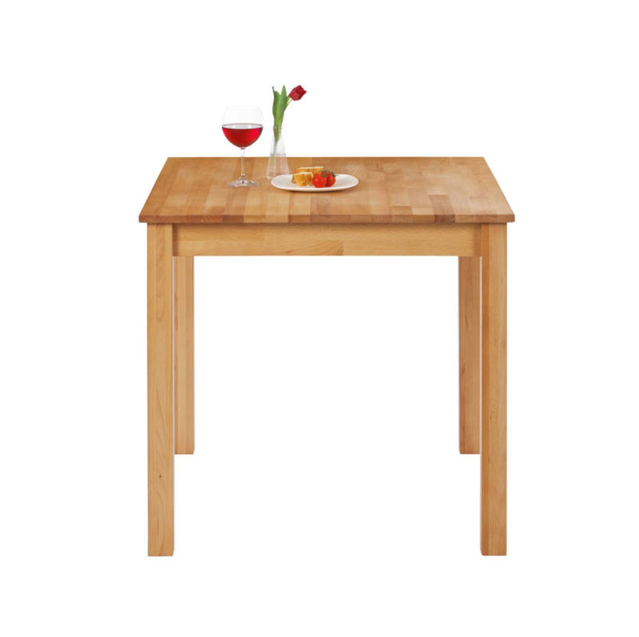 Z2 Esstisch TIM Holzesstisch mit quadratischer Tischplatte, darauf ein Glas Rotwein, eine Vase mit einer roten Blume und ein Teller mit Obst, frontale Perspektive.