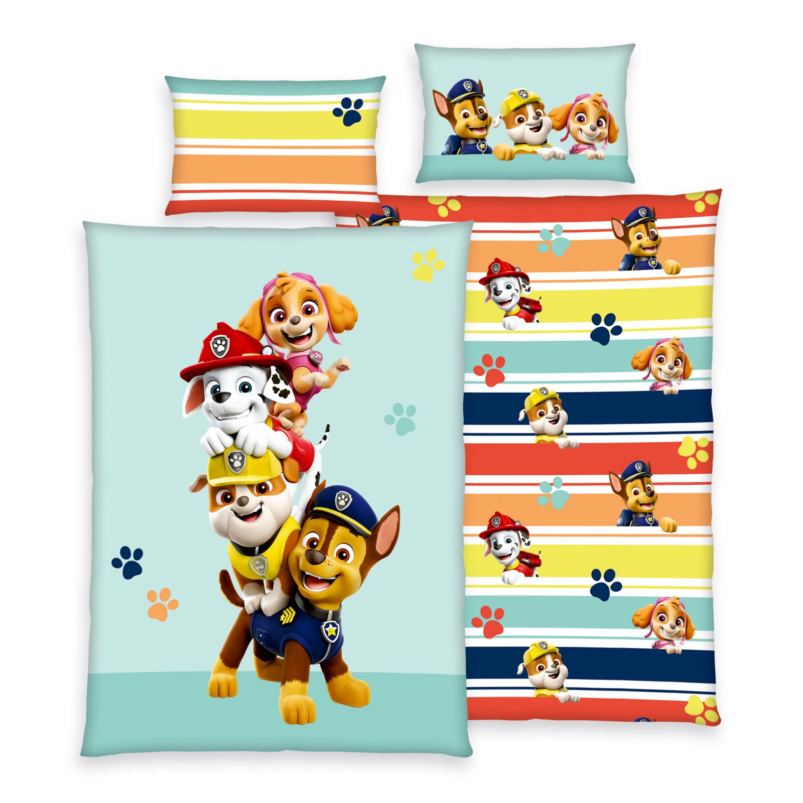 Renforcé-Bettwäsche mit buntem Paw Patrol-Motiv, zeigt mehrere Charaktere aus der Serie auf einem hellblauen Hintergrund. Perspektive von oben.