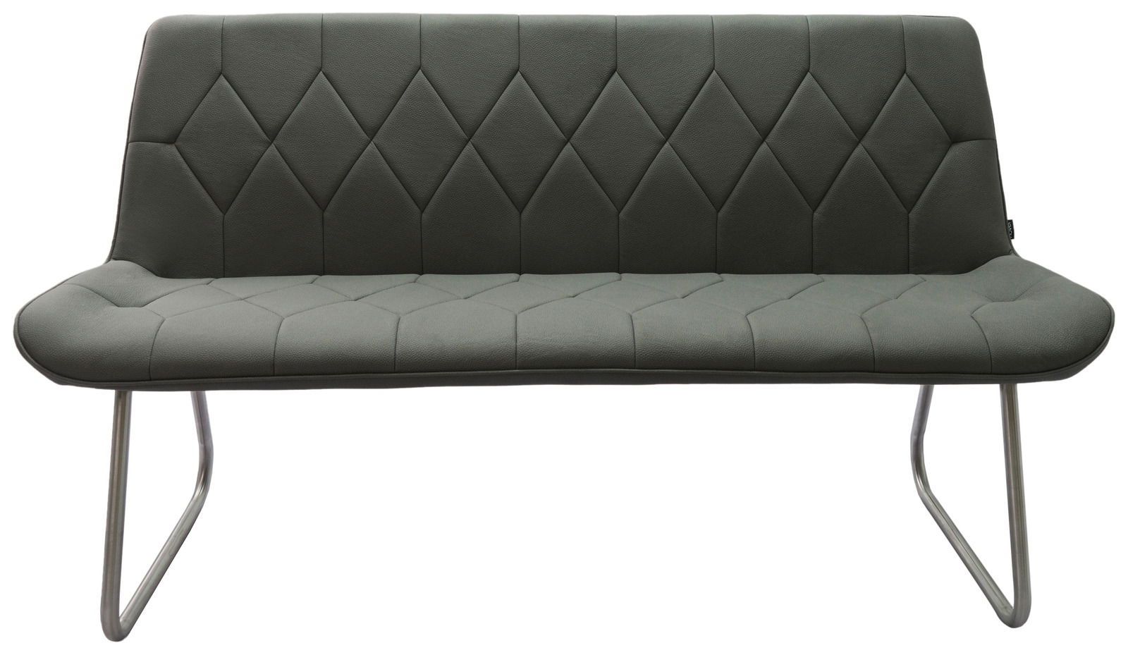 Graue Polsterbank mit Rautensteppung und Metallbeinen, Frontalansicht