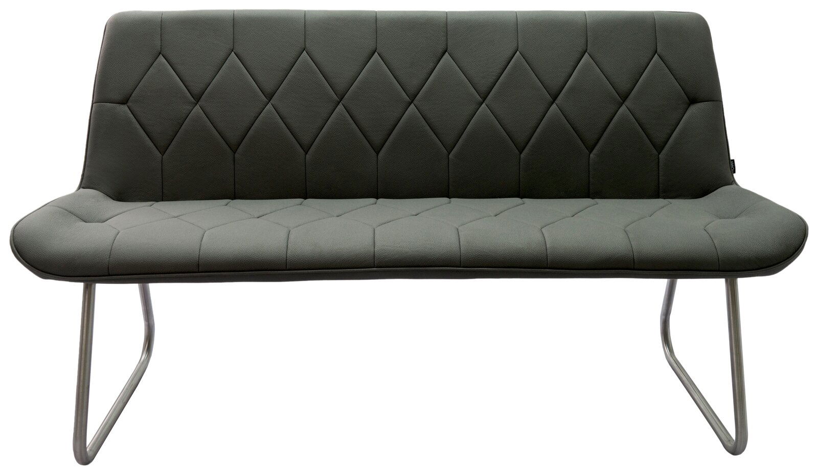 Graue Polsterbank mit Rautensteppung und Metallbeinen, Frontalansicht