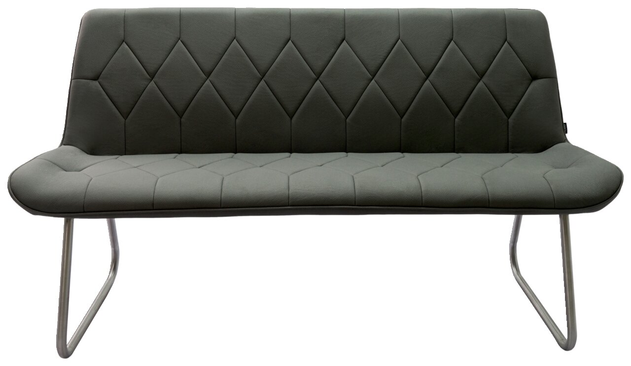 Graue Polsterbank mit Rautensteppung und Metallbeinen, Frontalansicht