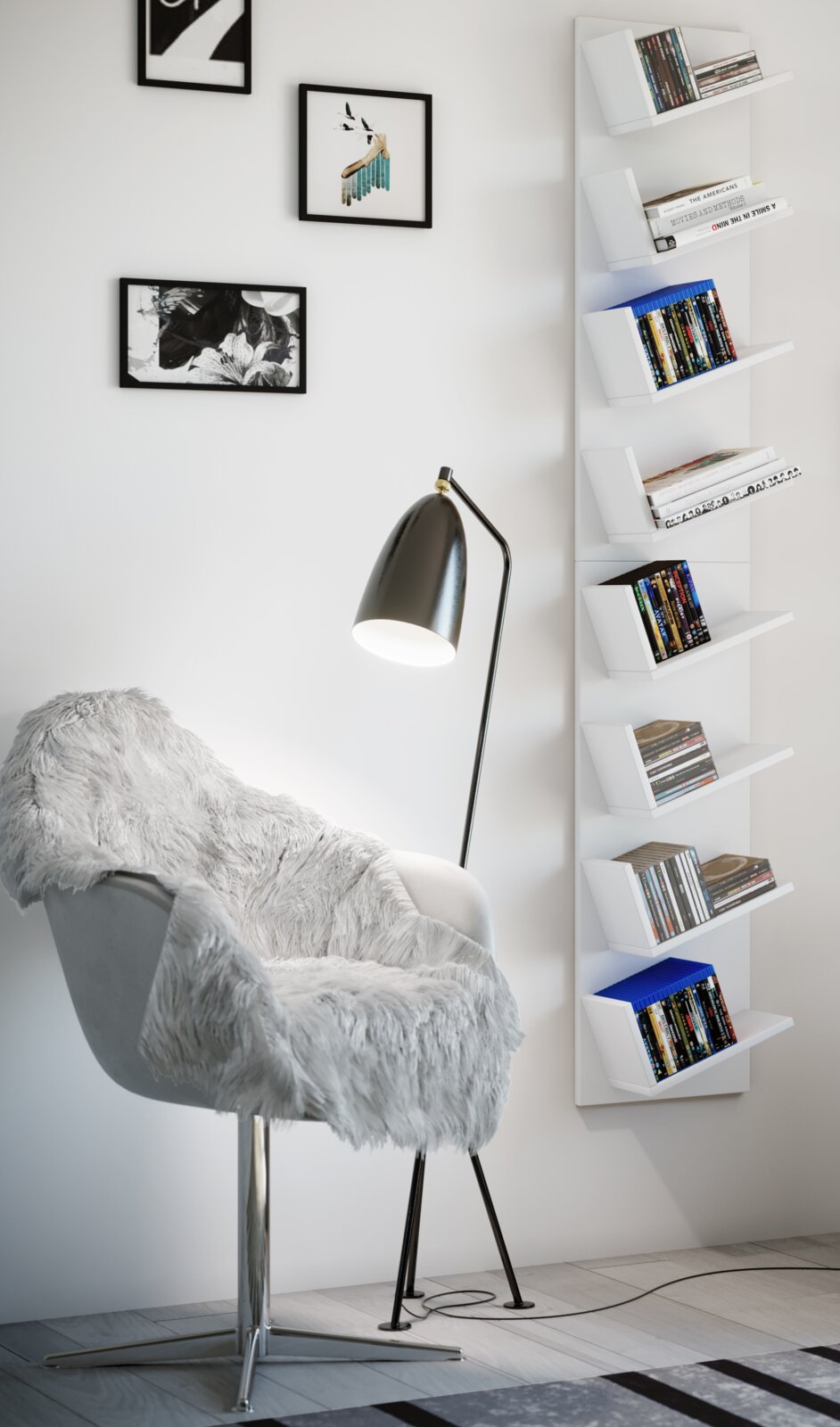 Modernes weißes Wandregal mit mehreren schrägen Ablagefächern, bestückt mit Büchern und DVDs, seitliche Frontansicht im Wohnraum neben Sessel und Stehlampe