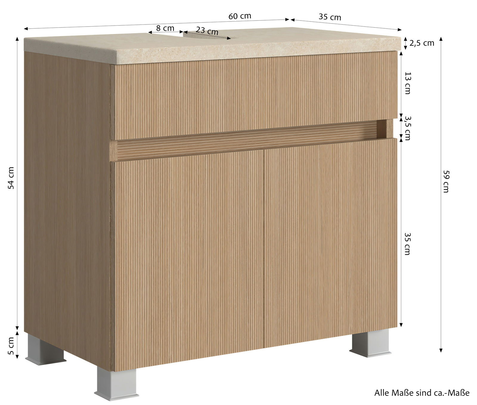 Waschbeckenunterschrank aus Holz mit gerillter Oberfläche, Frontansicht, Maße: 60 cm Breite, 59 cm Höhe, 35 cm Tiefe.