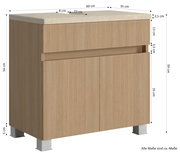 Waschbeckenunterschrank aus Holz mit gerillter Oberfläche, Frontansicht, Maße: 60 cm Breite, 59 cm Höhe, 35 cm Tiefe.