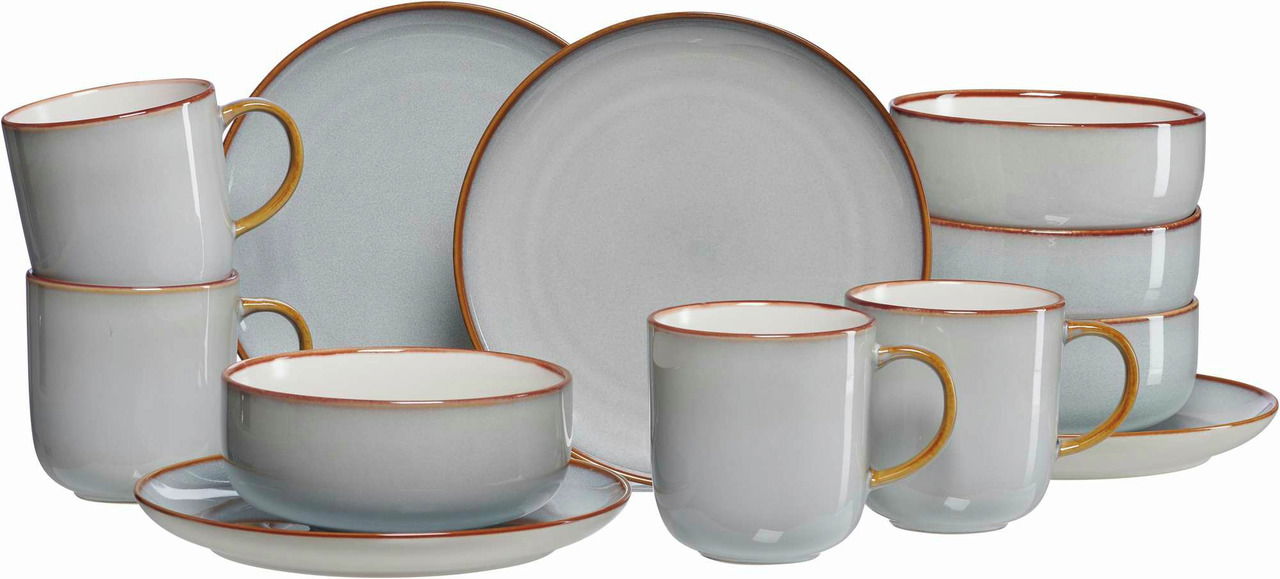 Ritzenhoff & Breker Frühstücksset 12-tlg. PORTOFINO Frontalansicht eines 12-teiligen Frühstückssets Portofino mit Tassen, Tellern und Schalen in elegantem Design.