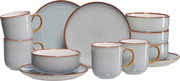 Frontalansicht eines 12-teiligen Frühstückssets Portofino mit Tassen, Tellern und Schalen in elegantem Design.