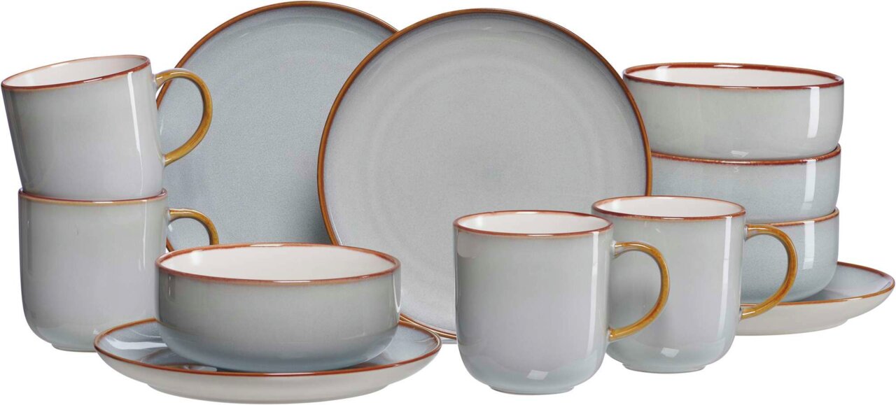 Frontalansicht eines 12-teiligen Frühstückssets Portofino mit Tassen, Tellern und Schalen in elegantem Design.