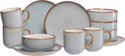 Frontalansicht eines 12-teiligen Frühstückssets Portofino mit Tassen, Tellern und Schalen in elegantem Design.