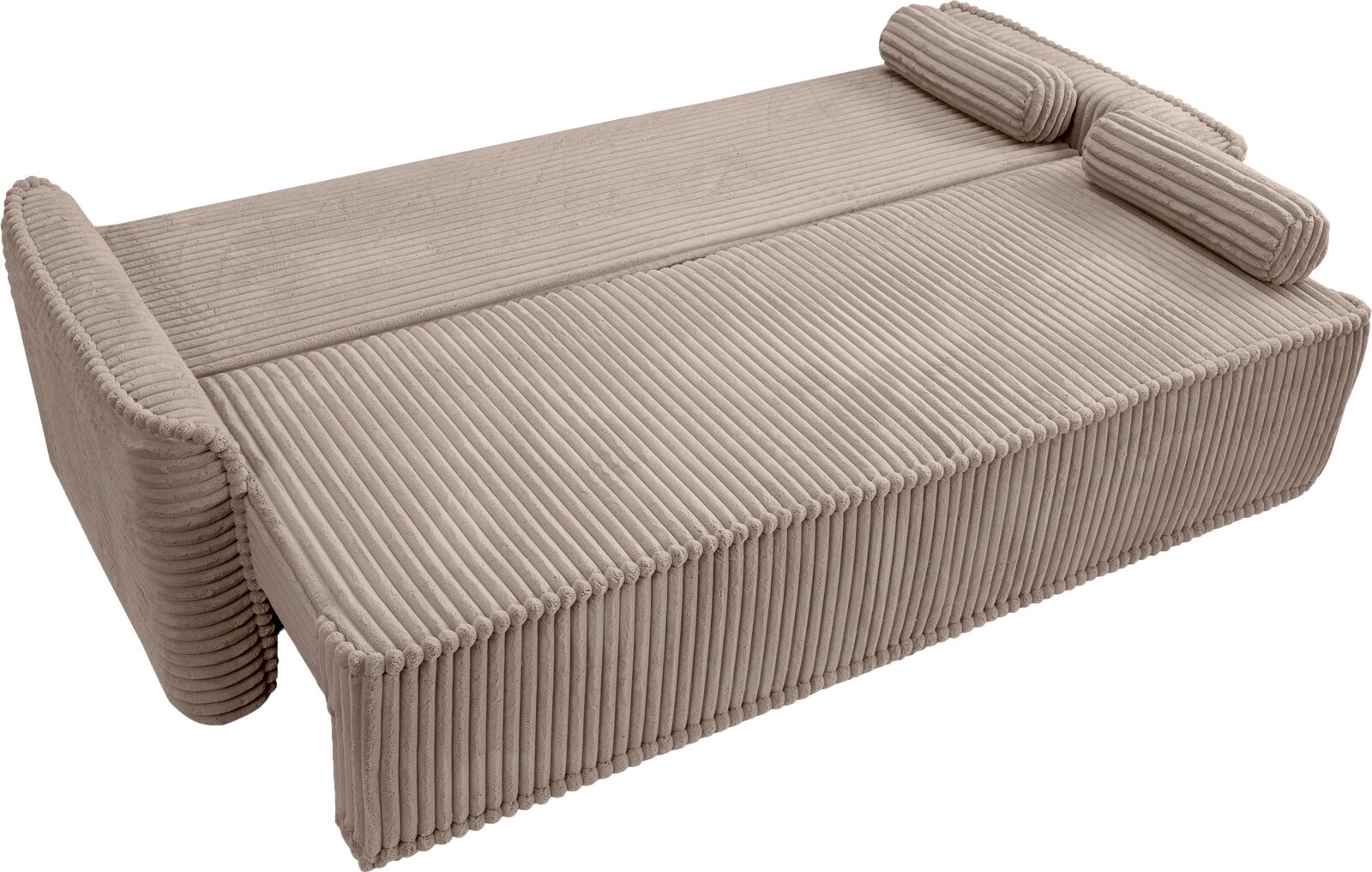 Schlafsofa in beige mit geripptem Stoff, von oben betrachtet