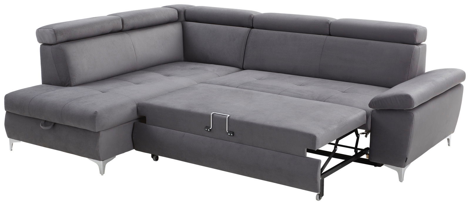 Graue Ecksofa mit Schlaffunktion, ausgezogen, Perspektive von vorne rechts