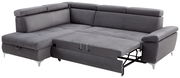Graue Ecksofa mit Schlaffunktion, ausgezogen, Perspektive von vorne rechts