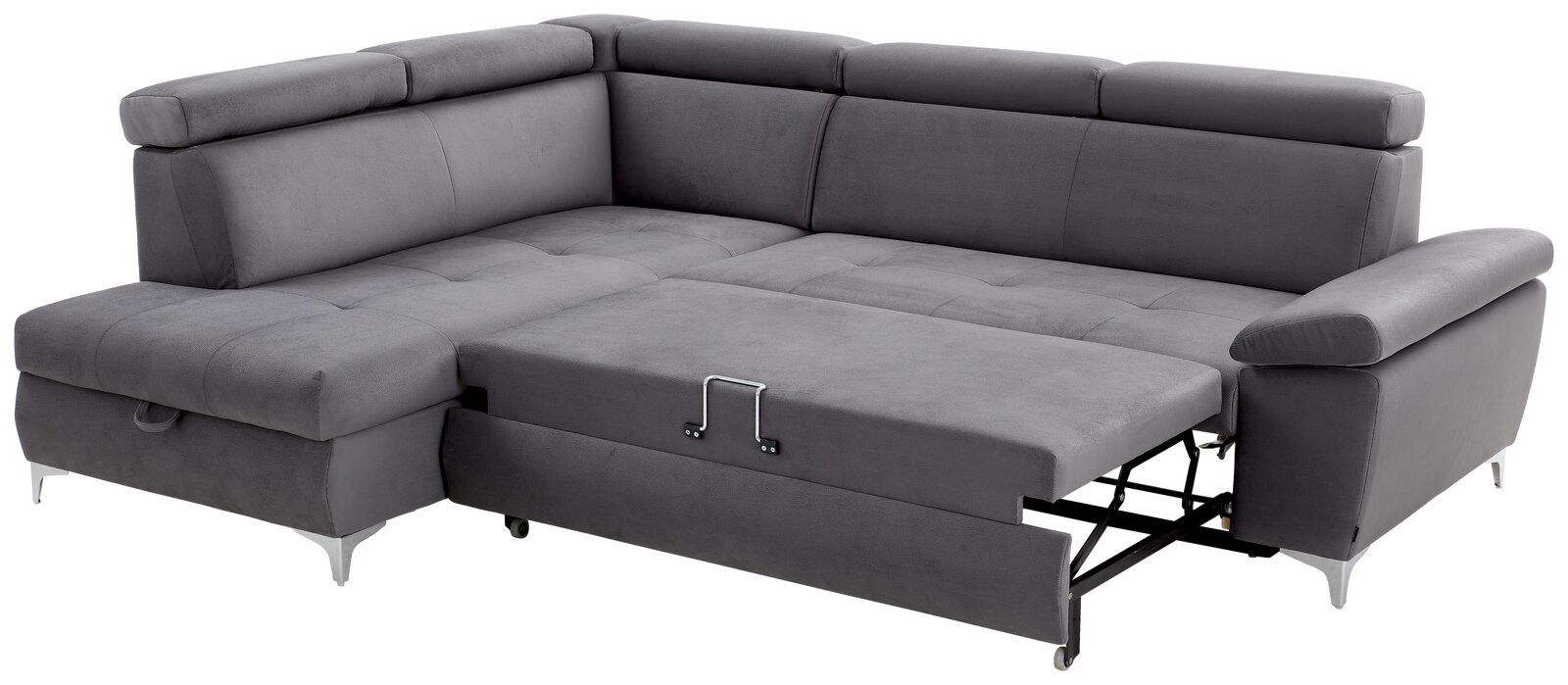 Graue Ecksofa mit Schlaffunktion, ausgezogen, Perspektive von vorne rechts