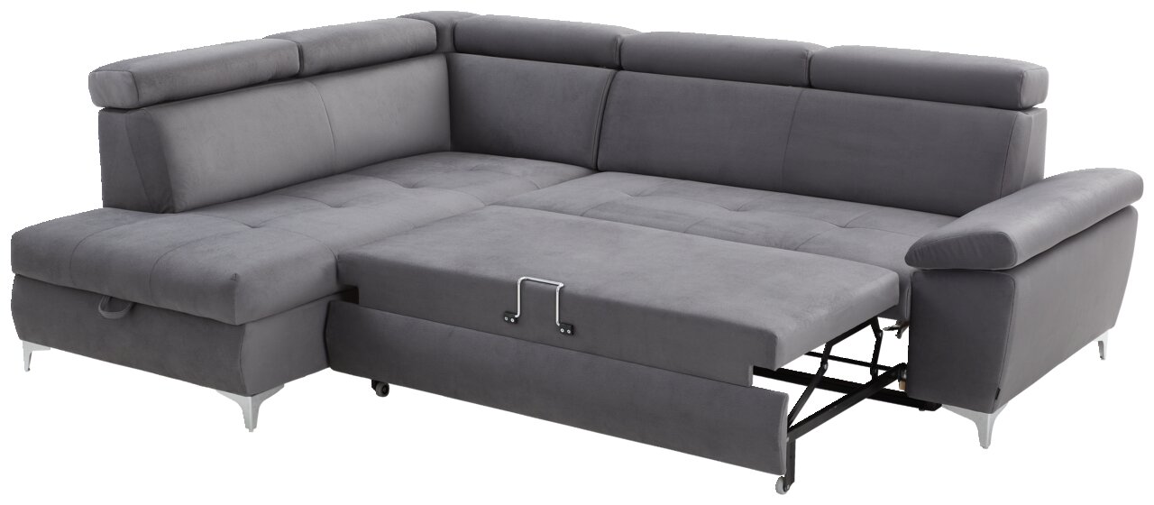 Graue Ecksofa mit Schlaffunktion, ausgezogen, Perspektive von vorne rechts