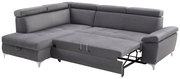 Graue Ecksofa mit Schlaffunktion, ausgezogen, Perspektive von vorne rechts