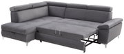 Graue Ecksofa mit Schlaffunktion, ausgezogen, Perspektive von vorne rechts
