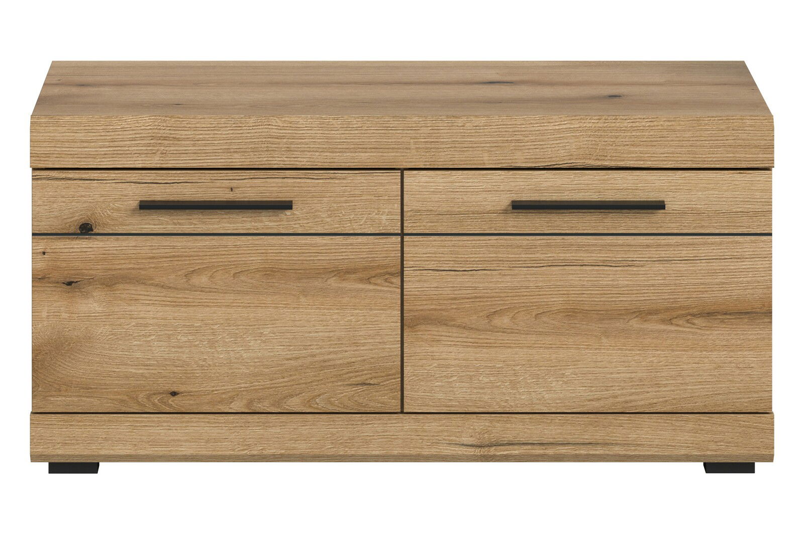 Holz-Sitzbank mit zwei Schubladen und schwarzem Griff, Frontalansicht