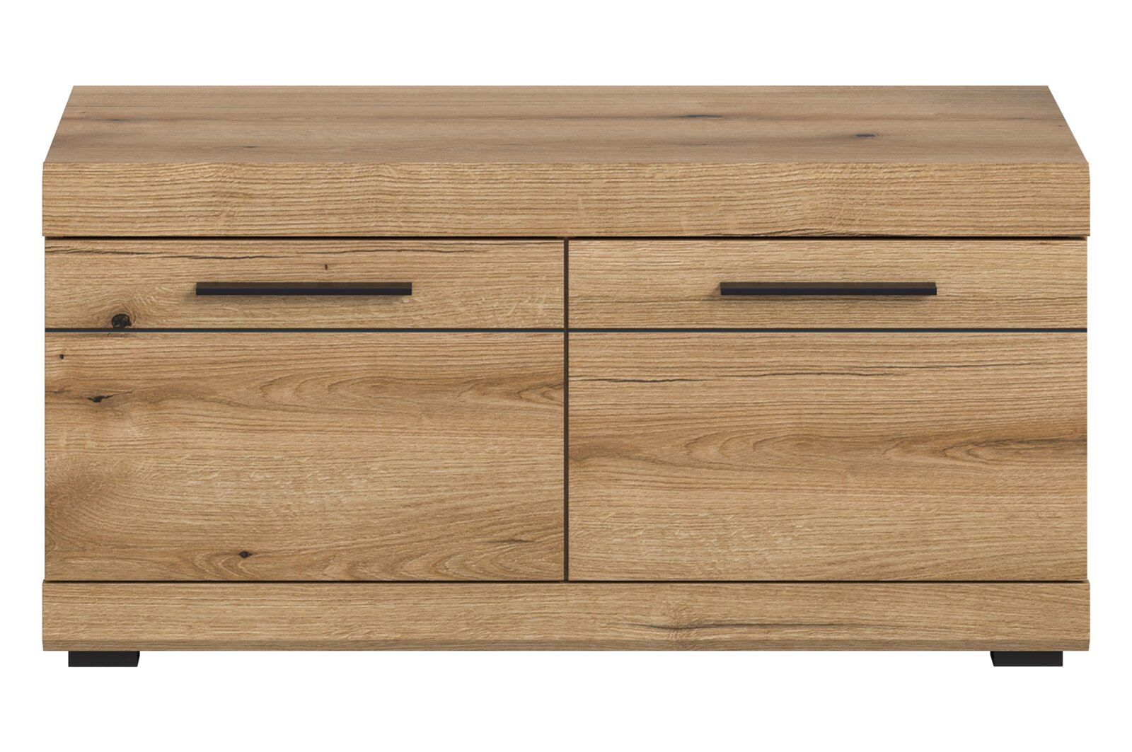 Holz-Sitzbank mit zwei Schubladen und schwarzem Griff, Frontalansicht