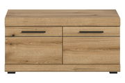 Holz-Sitzbank mit zwei Schubladen und schwarzem Griff, Frontalansicht
