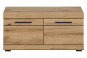 Holz-Sitzbank mit zwei Schubladen und schwarzem Griff, Frontalansicht