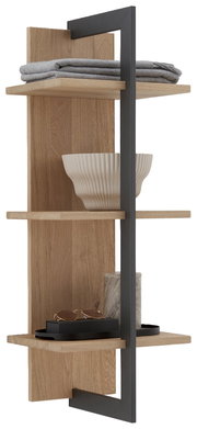 Wandregal aus Holz mit drei Ebenen, dekoriert mit Handtüchern, einer Schale und Accessoires, seitliche Perspektive.