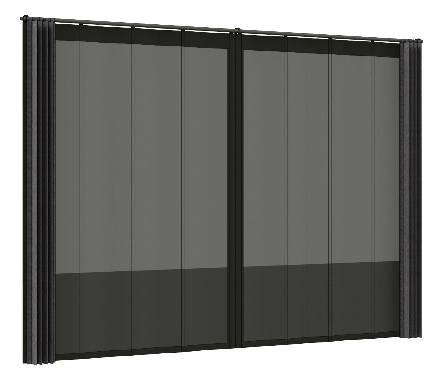Schwarzes Vorhang Set in Frontalansicht mit transparenten Paneelen.