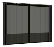 Schwarzes Vorhang Set in Frontalansicht mit transparenten Paneelen.