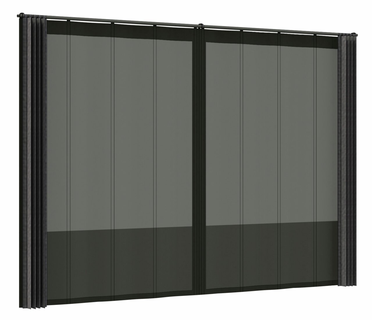 Zwarte gordijnset in vooraanzicht met transparante panelen.