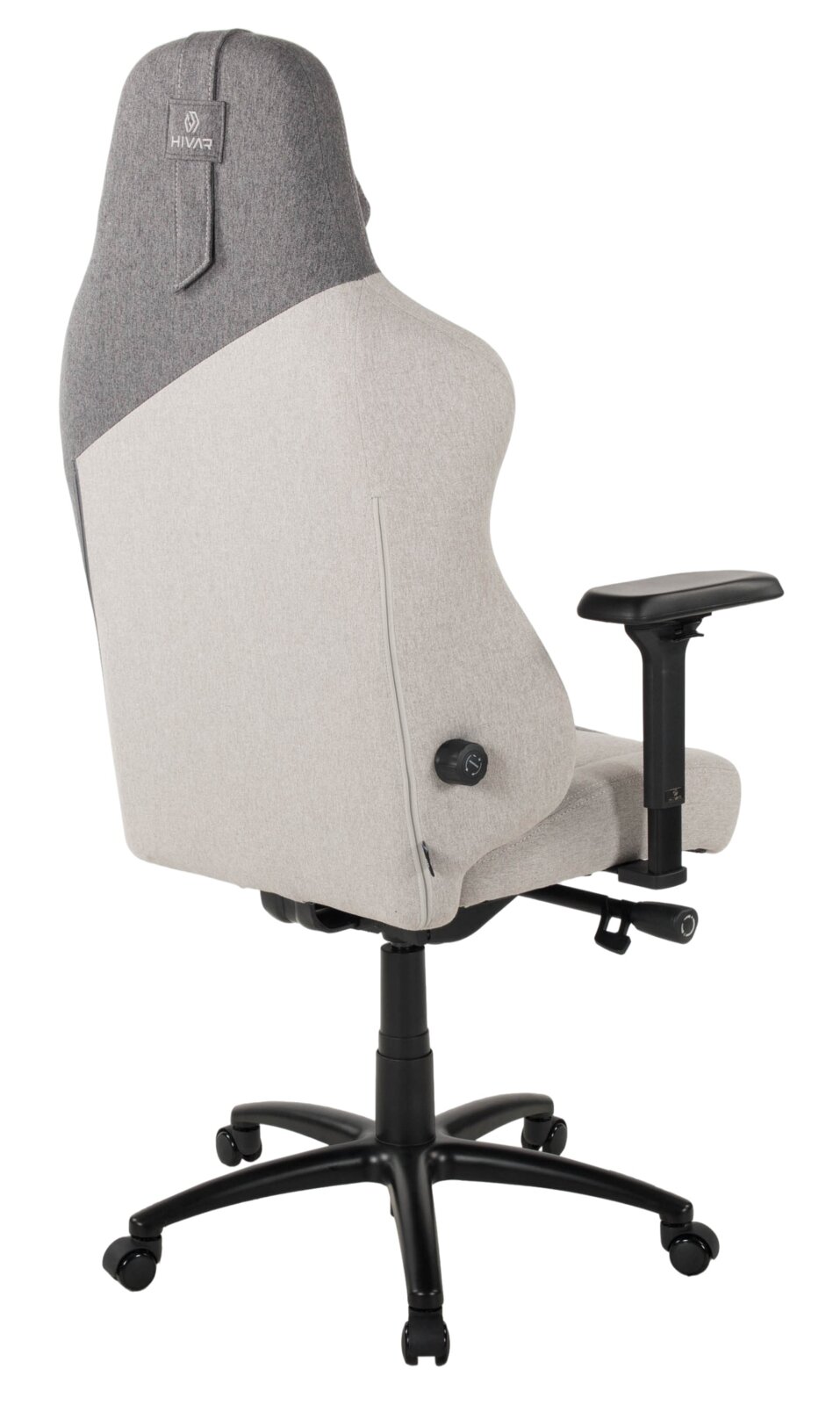HIVAR Gamingstoel SKYLAR XL Rückansicht eines modernen Gaming-Stuhls mit ergonomischem Design, grauem Stoffbezug und verstellbaren Armlehnen.