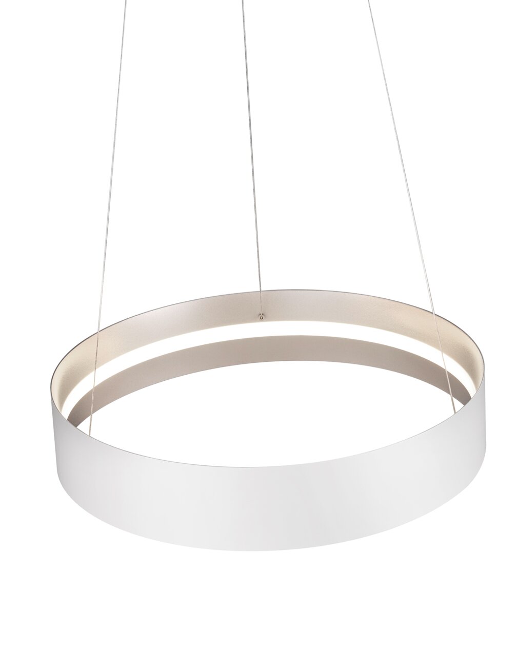 Moderne, ronde hanglamp LOOP in wit, gezien van onderaf, met een elegant, minimalistisch ontwerp.