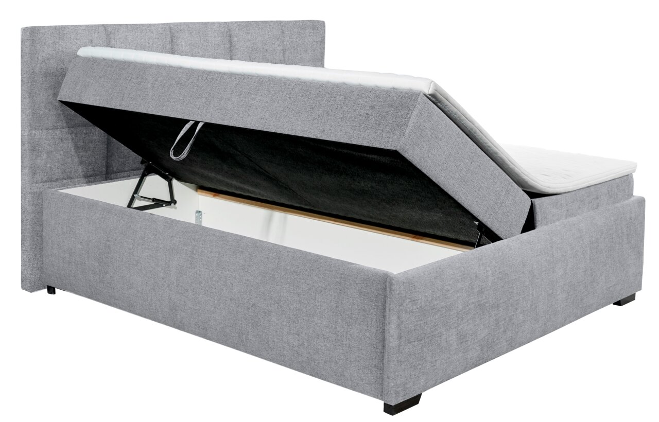 Graues Polsterbett mit hochgeklappter Matratze und Stauraum, seitliche Perspektive